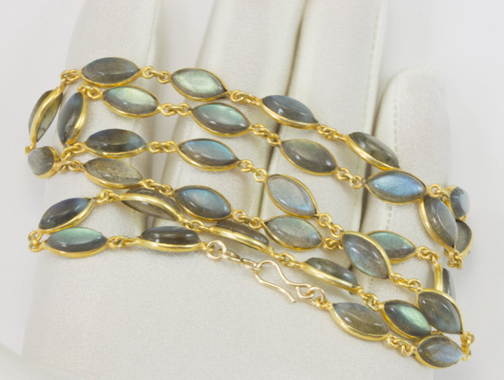 Labradorite Necklace Smooth Bezel Set Marquis Shaped Link Beaded Vermeil 14k Gold Necklace 24 Inch AAA Blue Flash Cut Contemporary Design