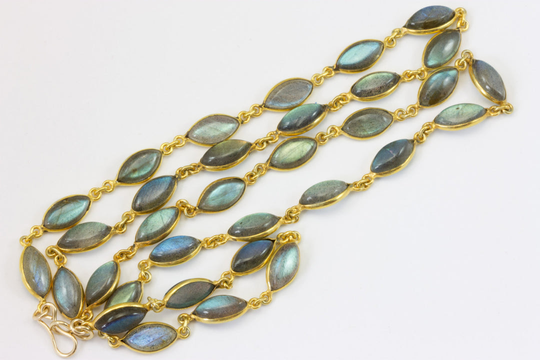 Labradorite Necklace Smooth Bezel Set Marquis Shaped Link Beaded Vermeil 14k Gold Necklace 24 Inch AAA Blue Flash Cut Contemporary Design