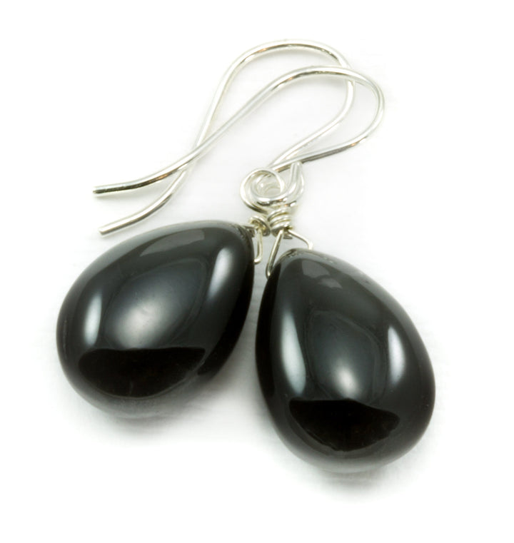Black Spinel Earrings 14k Solid Gold or Filled or Sterling Silver Smooth Teardrop Pear Shaped Classic Simple Shape Everyday Neutral Drops