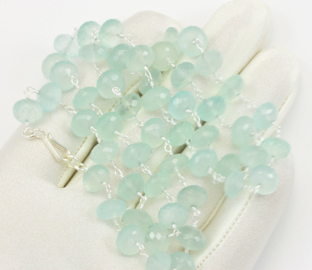 Chalcedony Necklace Aqua Blue Faceted Spaced Link Beaded Sterling Silver or 14k Gold Filled 24 Inches Soft Blue AAA Quality chain link