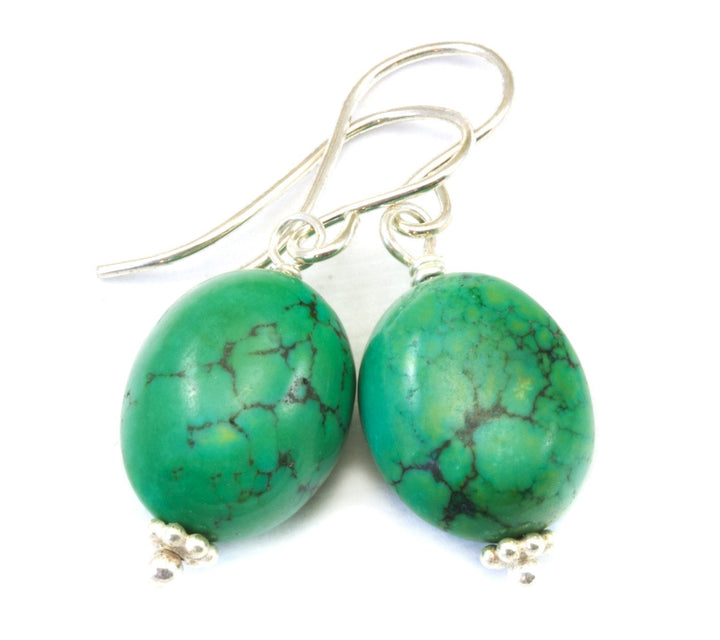 Turquoise Earrings Green Fat Oval Simple Dangle Drops Sterling Silver or 14k solid Gold or Filled Natural Beaded Accents Spyglass Designs
