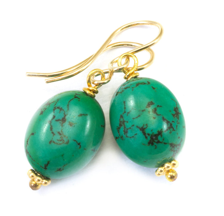 Turquoise Earrings Green Fat Oval Simple Dangle Drops Sterling Silver or 14k solid Gold or Filled Natural Beaded Accents Spyglass Designs