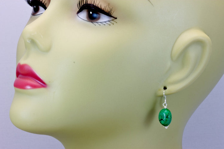 Turquoise Earrings Green Fat Oval Simple Dangle Drops Sterling Silver or 14k solid Gold or Filled Natural Beaded Accents Spyglass Designs