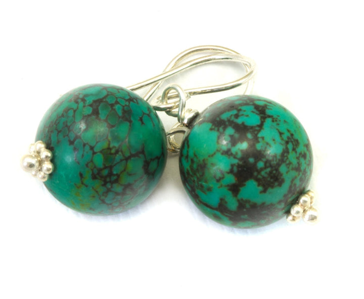 Turquoise Earrings Green Round Dangle Drops Sterling Silver or 14k solid Gold or Filled Natural Veining Large Dark Veining Accents Simple