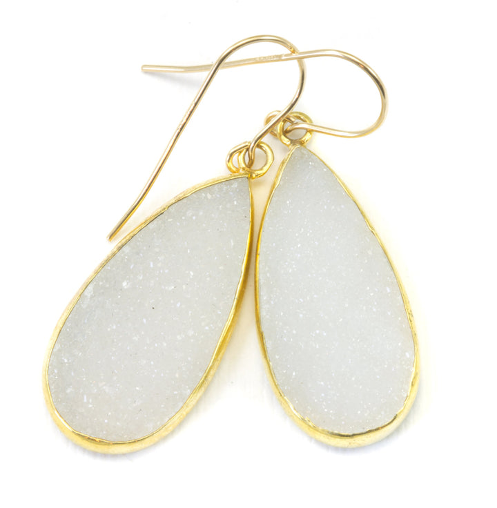 White Drusy Earrings Large Druzy Bezel Set Teardrops Vermeil 14k Gold Filled Long Drops Fine Drusy Classic and Elegant Quality French Wires