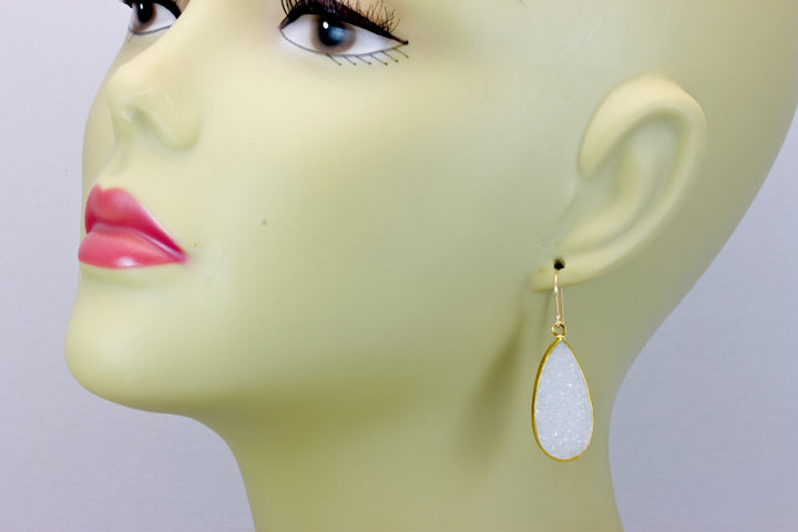 White Drusy Earrings Large Druzy Bezel Set Teardrops Vermeil 14k Gold Filled Long Drops Fine Drusy Classic and Elegant Quality French Wires