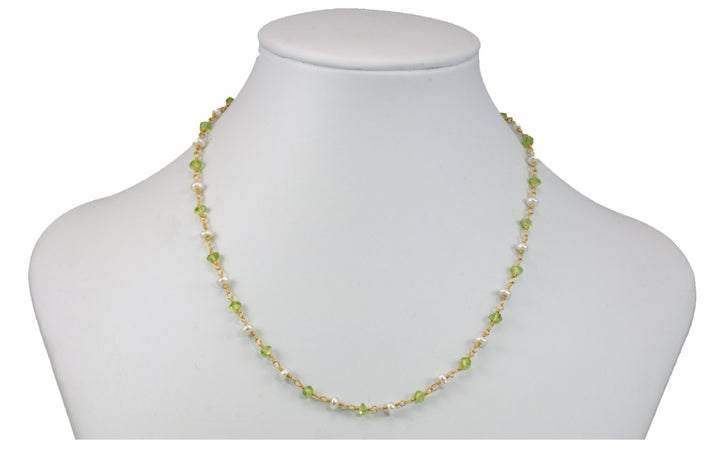Peridot and Small Pearl  Necklace Sterling Silver or 14k gold filled Freshwater Cultured Pearls Spaced Chain Link Faceted  18 19 Inches