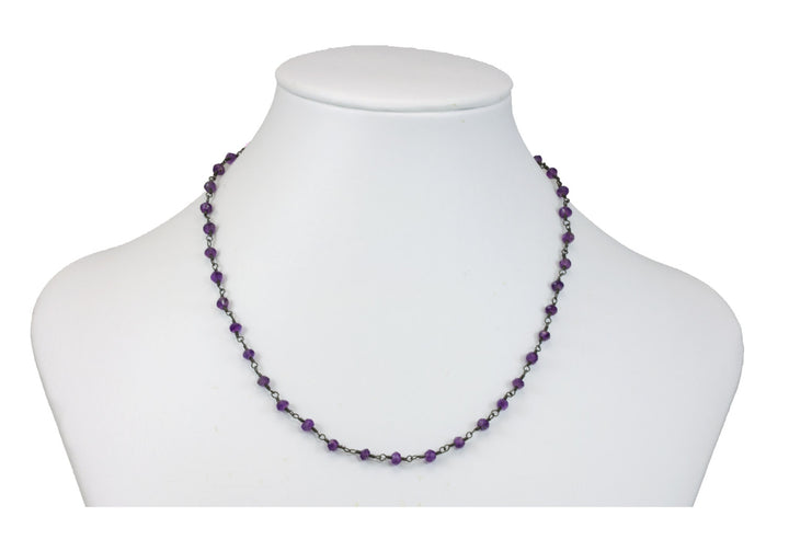 Purple Amethyst Necklace Faceted Chain Link Beaded Oxidized Black Sterling Silver 18 19 Inches Dainty Simple Design Everyday Wear Amethysts