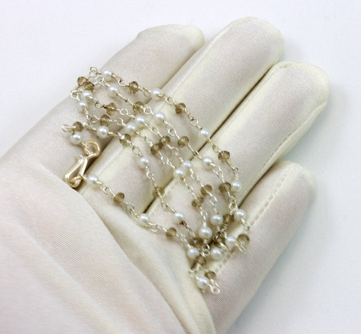 White Seed Pearl Smoky Quartz  Necklace Simulated Beads Smokey Sterling Silver and Plate Chain Link 18 19 Inches Dainty Delicate