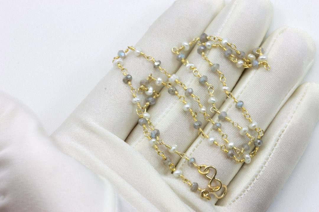 White Small Pearl Labradorite Necklace 14k Gold  Fill and Plate Freshwater Cultured Faceted Chain Link 18 19 Inches Dainty Chain Pearls