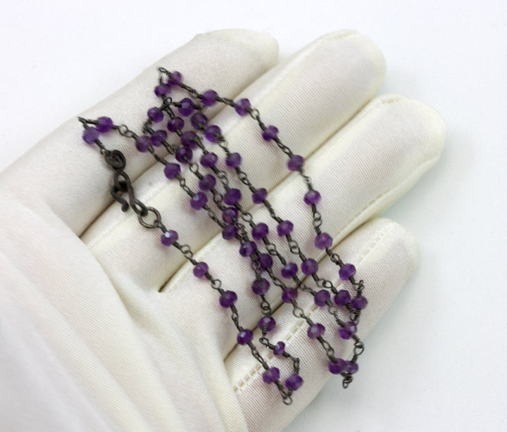 Purple Amethyst Necklace Faceted Chain Link Beaded Oxidized Black Sterling Silver 18 19 Inches Dainty Simple Design Everyday Wear Amethysts