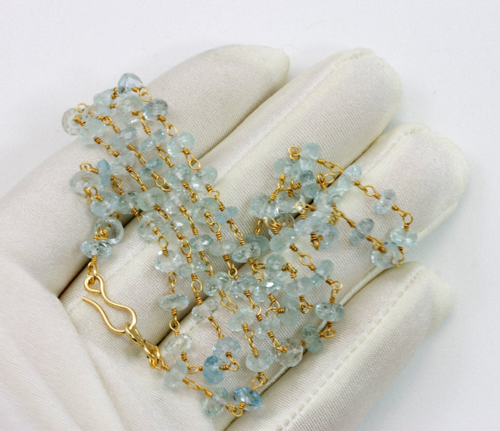 Aquamarine Necklace Faceted 14k Gold Filled Beaded Chain Link  24 Inches AAA Natural Soft Aqua Blue Classic Simple Dainty Feminine