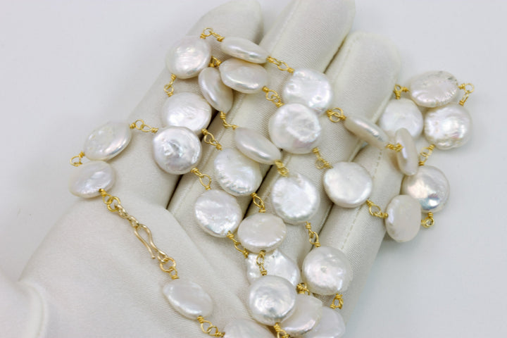 White Button Pearl Necklace Natural Freshwater Large 12mm Freshwater Cultured Pearls Chain Link  24 Inch 14k Gold Filled and 14k Gold Plate