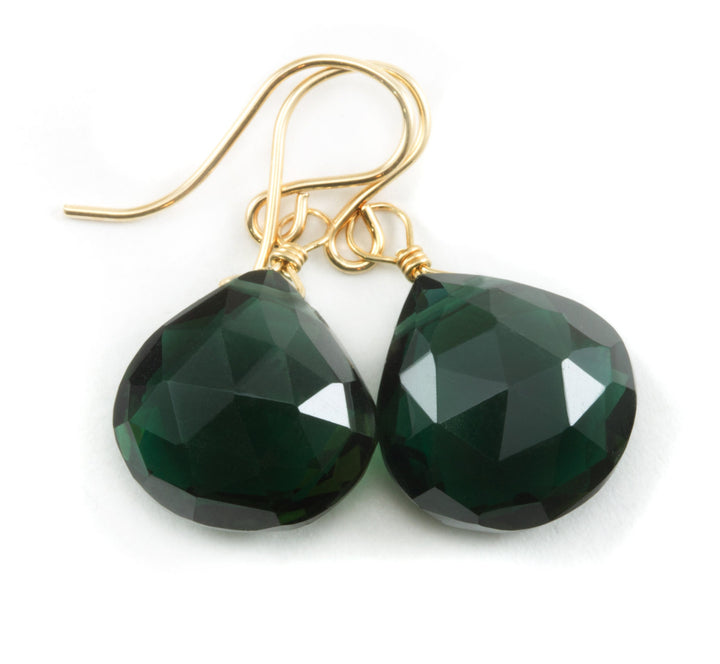 Green Smoky Sim Tourmaline Earrings Heart  Briolette Smokey Dark Green Drops 14k Solid Gold or Filled or Sterling Silver Classic Simple