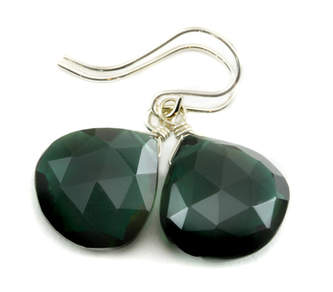 Green Smoky Sim Tourmaline Earrings Heart  Briolette Smokey Dark Green Drops 14k Solid Gold or Filled or Sterling Silver Classic Simple