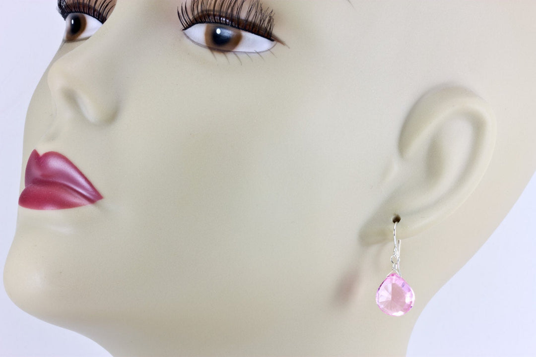 Pink Simulated Sapphire Earrings Faceted Heart Shape Bright Pink Sterling Silver or 14k Solid Gold or Filled Simple Classic Design Everyday