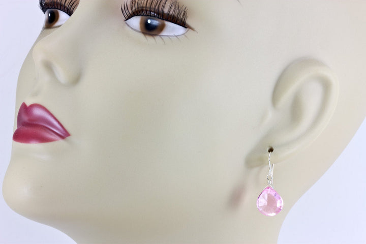 Pink Simulated Sapphire Earrings Faceted Heart Shape Bright Pink Sterling Silver or 14k Solid Gold or Filled Simple Classic Design Everyday
