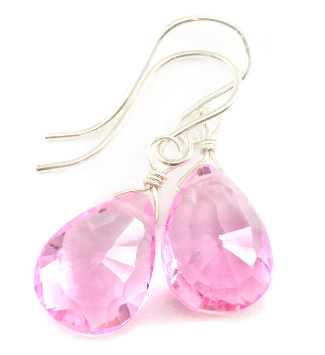 Pink Simulated Sapphire Earrings Faceted Teardrop Bright Pink Pear Sterling Silver or 14k Solid Gold or Filled Micro Faceting Simple Drops