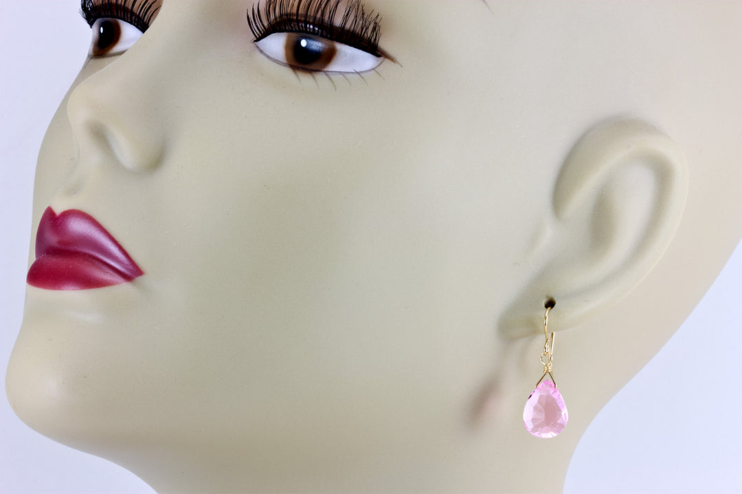Pink Simulated Sapphire Earrings Faceted Teardrop Bright Pink Pear Sterling Silver or 14k Solid Gold or Filled Micro Faceting Simple Drops