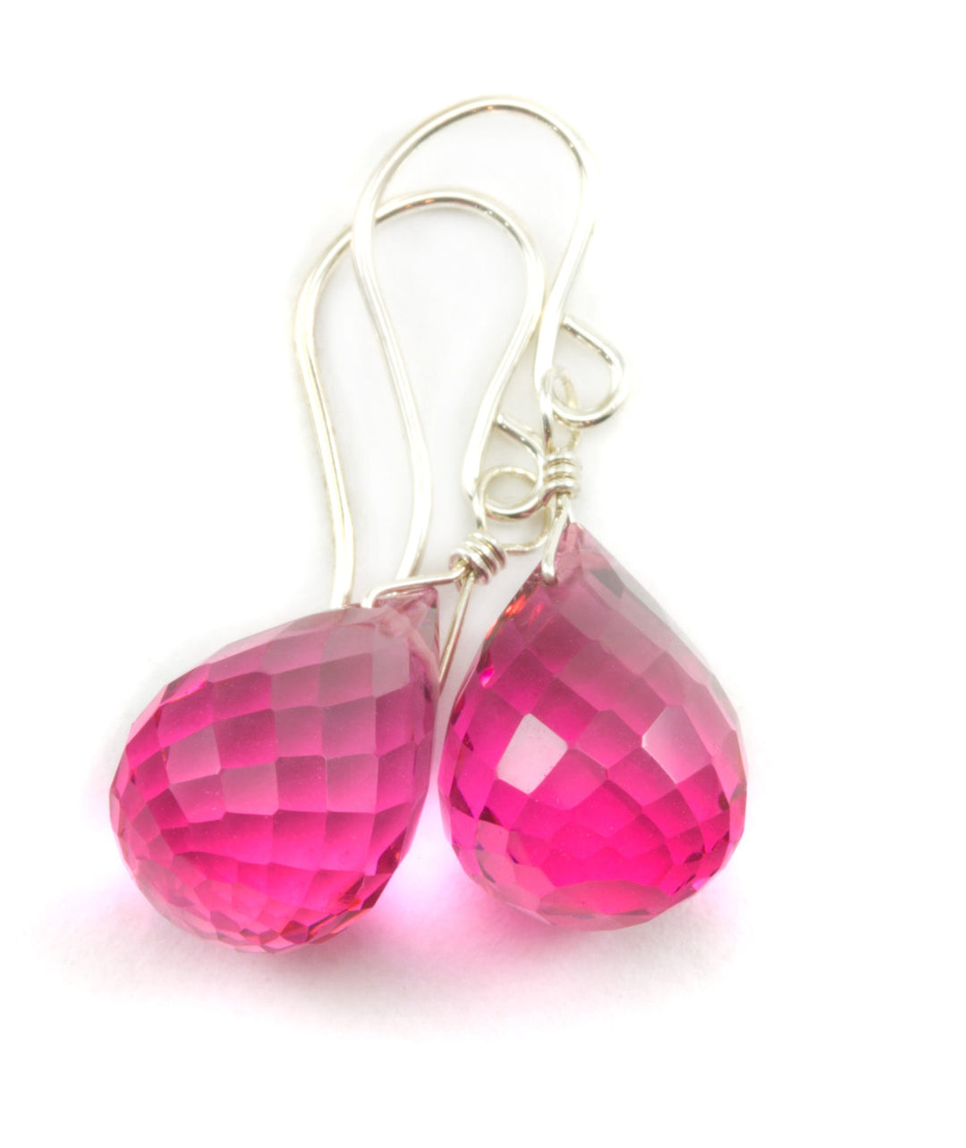 Simulated Pink Watermelon Tourmaline Earrings Faceted Teardrop Bright Hot Pink Fuchsia Magenta Sterling Silver 14k Gold Filled Fat Briolette