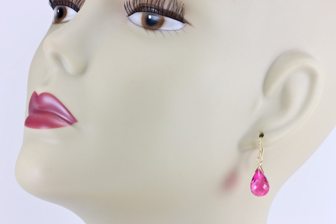 Simulated Pink Watermelon Tourmaline Earrings Faceted Teardrop Bright Hot Pink Fuchsia Magenta Sterling Silver 14k Gold Filled Fat Briolette