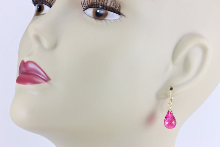 Simulated Pink Watermelon Tourmaline Earrings Faceted Teardrop Bright Hot Pink Fuchsia Magenta Sterling Silver 14k Gold Filled Fat Briolette