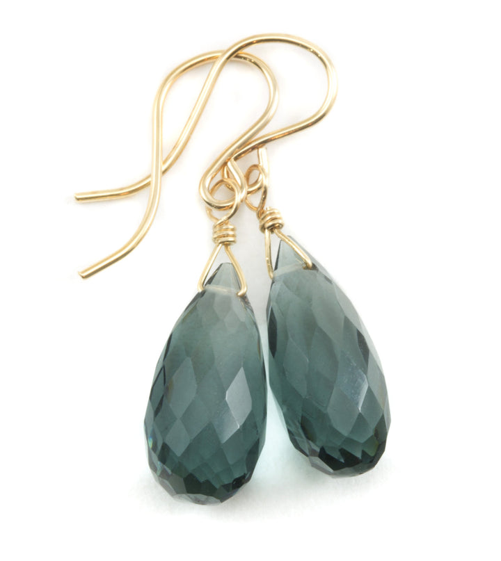 Smokey London Blue Gray Earrings Faceted rounded teardrop rich Sim Topaz Sterling Silver or 14k Solid Gold or Filled Briolette Drops Simple