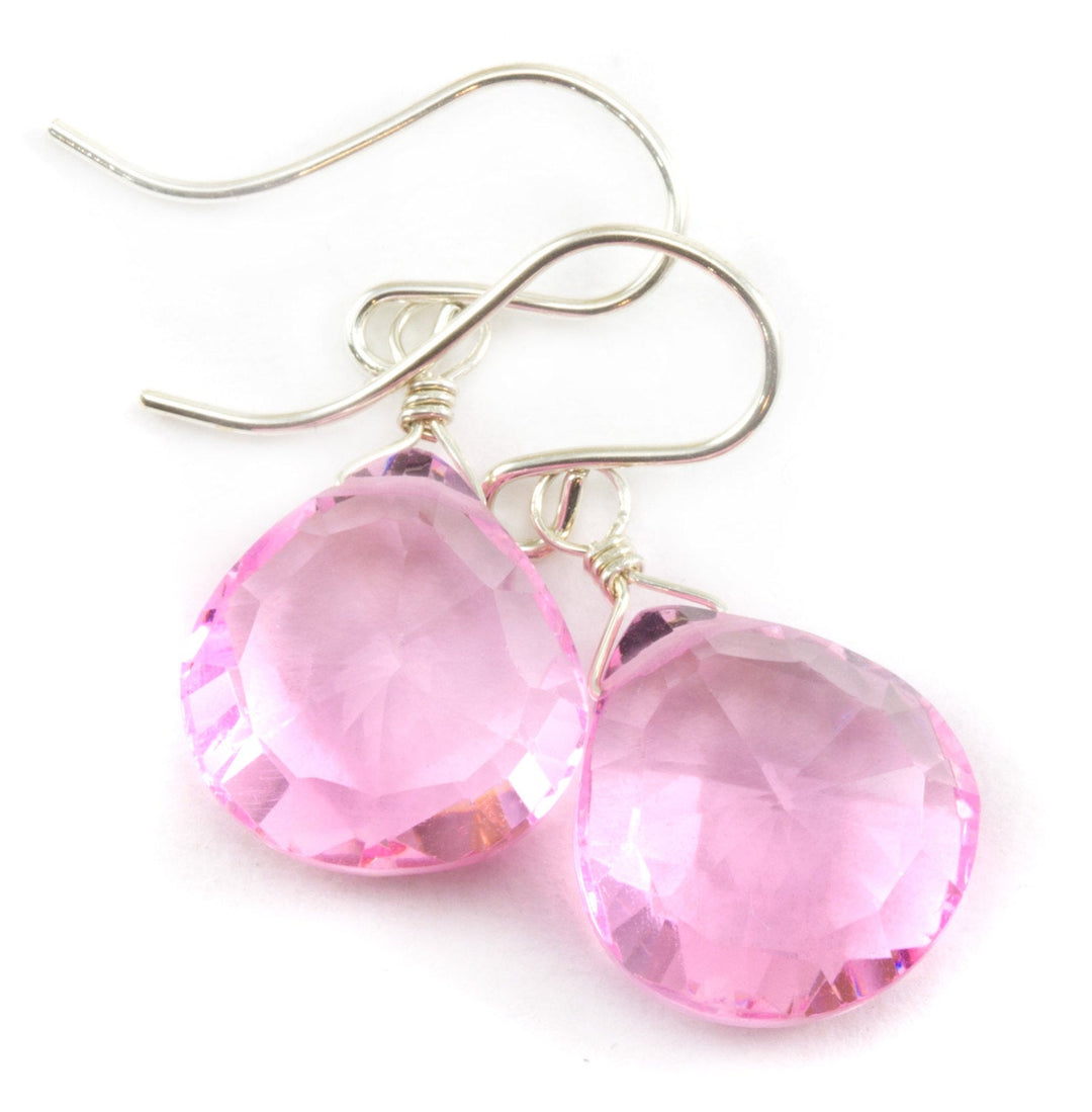Pink Simulated Sapphire Earrings Faceted Heart Shape Bright Pink Sterling Silver or 14k Solid Gold or Filled Simple Classic Design Everyday