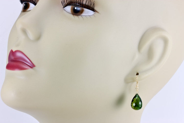 Tourmaline Earrings Faceted drop rich Sim Dark Green Color Sterling Silver or 14k Gold Filled Fat Rounded Briolette Simple Unique Drops
