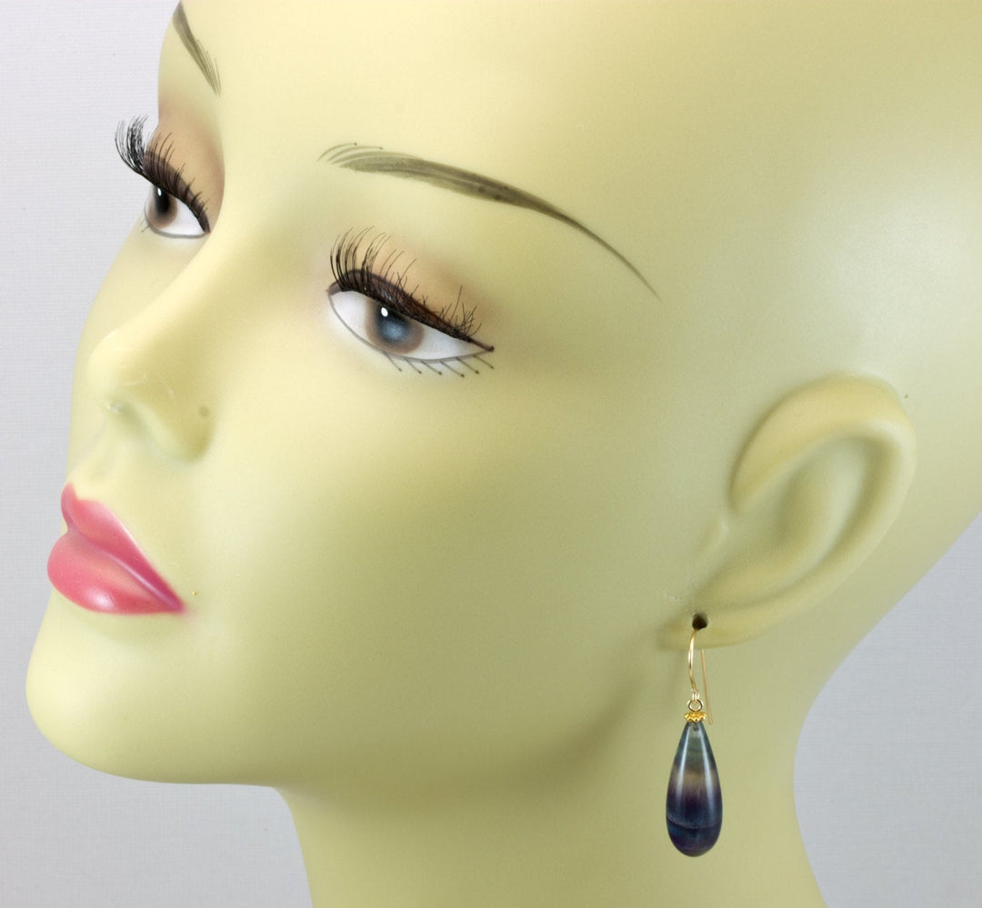 Fluorite Earrings Smooth Teardrop 14k solid gold or filled or sterling silver Natural Flourite Fat Round Drop Striped Teal Purple Beaded