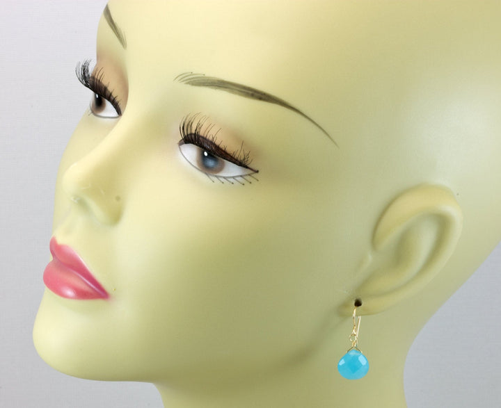 Sky Blue Chalcedony Earrings Teardrop Heart Faceted Sterling Silver or 14k Solid Gold or Filled Bright blue simple drops dainty design
