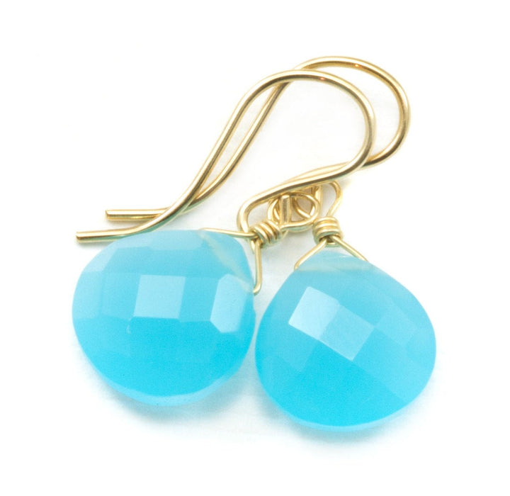 Sky Blue Chalcedony Earrings Teardrop Heart Faceted Sterling Silver or 14k Solid Gold or Filled Bright blue simple drops dainty design