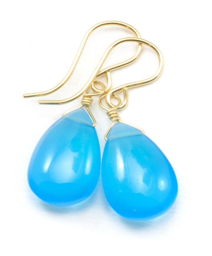 Sky Blue Chalcedony Earrings Teardrop Pear Smooth 14k Solid Gold or Filled or Sterling Silver Blue Simple Drops Unique Spyglass Designs