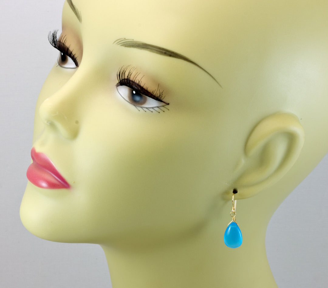 Sky Blue Chalcedony Earrings Teardrop Pear Smooth 14k Solid Gold or Filled or Sterling Silver Blue Simple Drops Unique Spyglass Designs