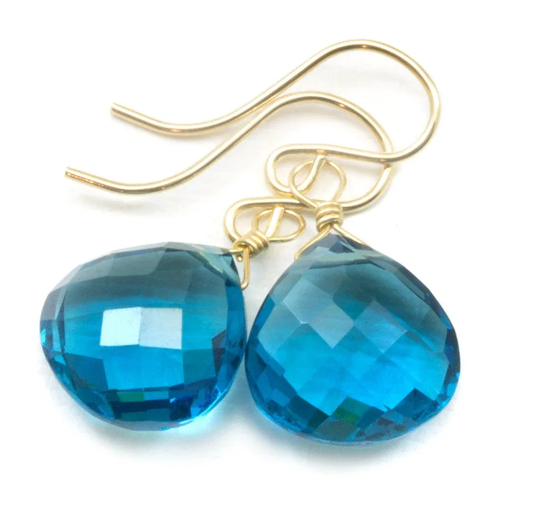 Hot Blue Sim Alexandrite Earrings Faceted Teardrop Heart Drop Sterling Silver or 14k Solid Gold or Filled Teal Blue Simple Drops - Spyglass Designs