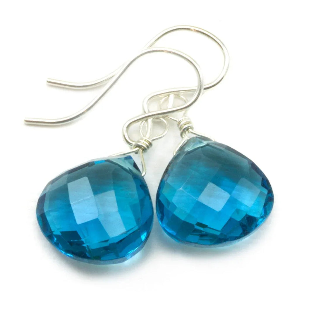 Hot Blue Sim Alexandrite Earrings Faceted Teardrop Heart Drop Sterling Silver or 14k Solid Gold or Filled Teal Blue Simple Drops - Spyglass Designs