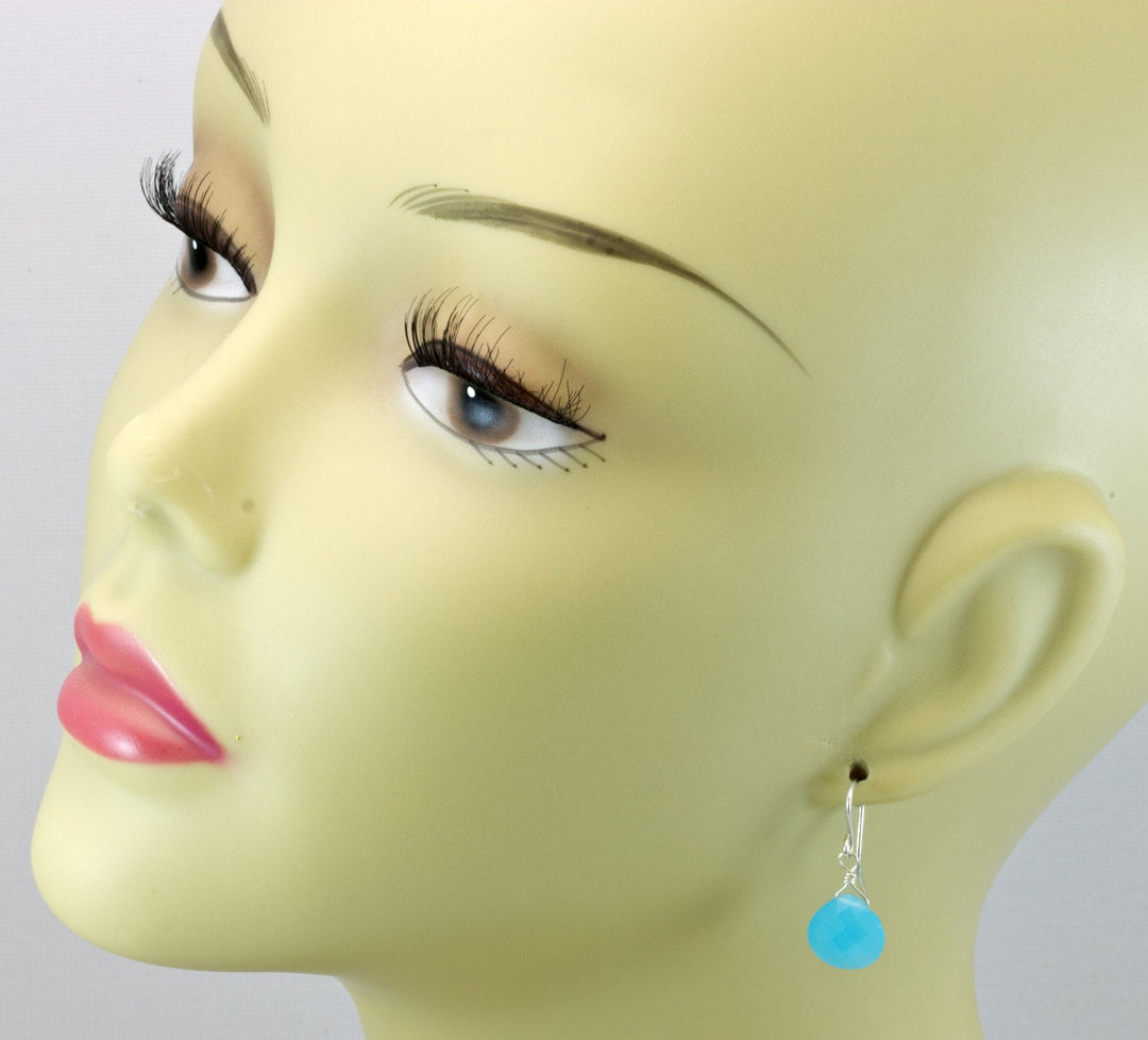 Sky Blue Chalcedony Earrings Teardrop Heart Faceted Sterling Silver or 14k Solid Gold or Filled Bright blue simple drops dainty design