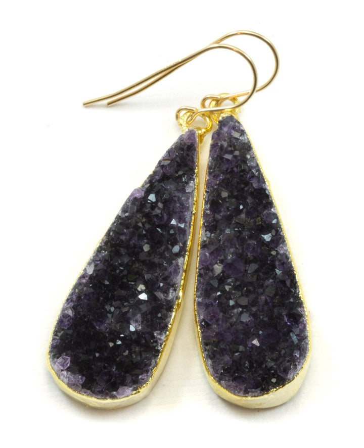 Drusy Earrings Long Dark Purple Amethyst Druzy Teardrop 14k Gold Filled Drusy Paired AAA Natural Quartz Large Drops Electroplate Sides