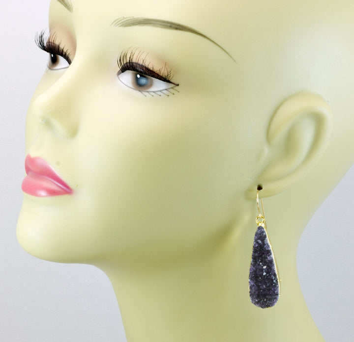 Drusy Earrings Long Dark Purple Amethyst Druzy Teardrop 14k Gold Filled Drusy Paired AAA Natural Quartz Large Drops Electroplate Sides
