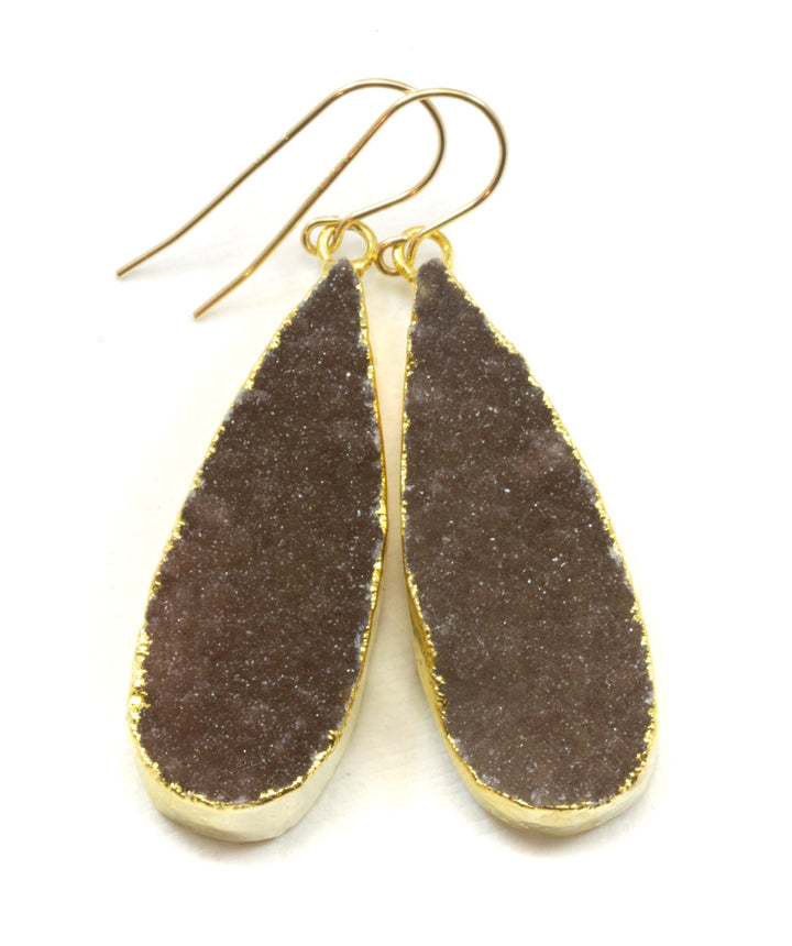 Drusy Earrings Taupe Brown Long Large  Druzy Teardrop 14k Gold Filled Polished Drusy Paired AAA Electroplated Natural Quartz Earthy Drops