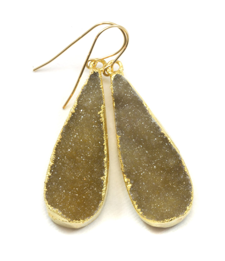 Drusy Earrings 14k Gold Filled Drusy Paired AAA Amber Champagne Natural Quartz Long Large Druzy Teardrop Pear Shape Earthy Neutral Drops