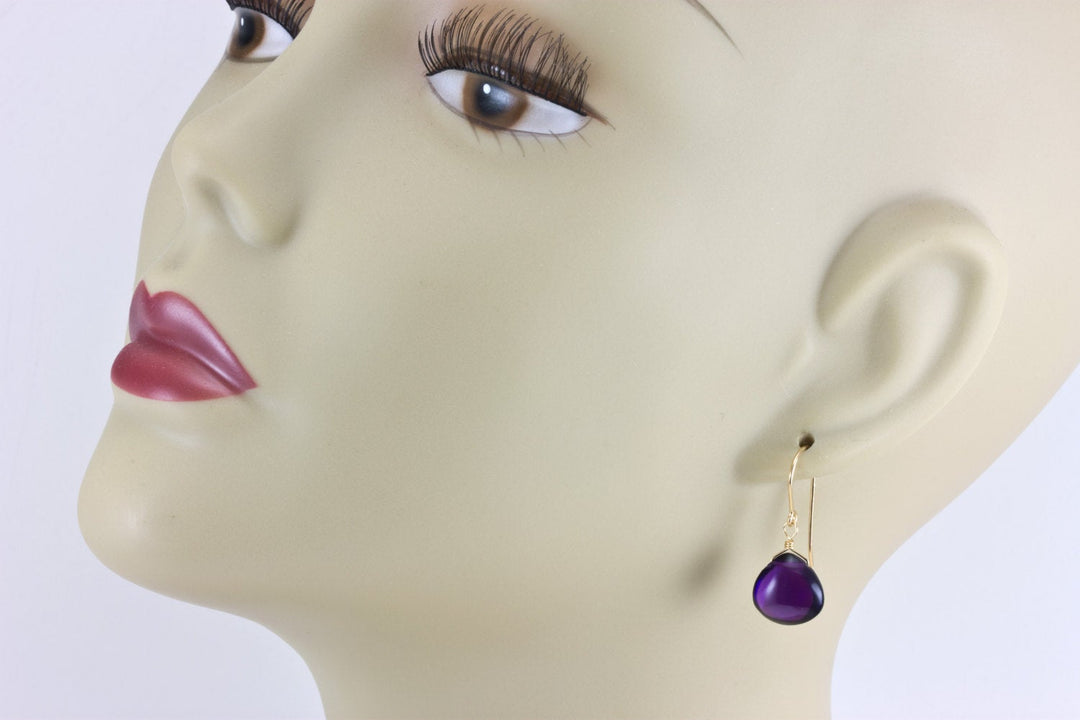 Purple Amethyst Earrings Smooth Simulated Heart 14k Solid Gold or Filled or Sterling Silver Teardrop Deep Rich Purple Simple Everyday