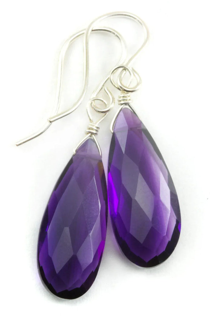 Purple Simulated Amethyst Earrings Faceted Teardrop Long 14k Solid Gold or Filled or Sterling Silver Cut Deep Rich Color Simple Contemporary - Spyglass Designs