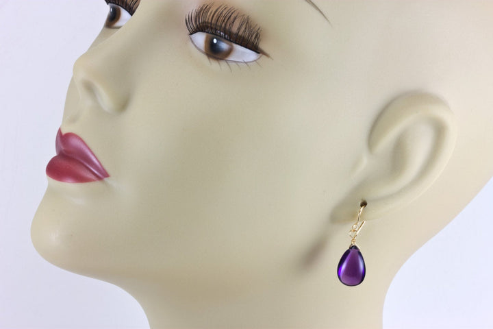 Amethyst Earrings Simulated Smooth Pear Cut 14k Solid Gold or Filled or Sterling Silver Teardrop Rich Deep Purple Simple Design