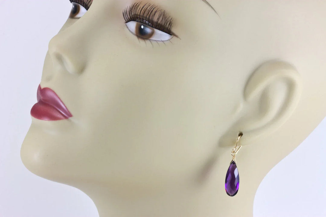 Purple Simulated Amethyst Earrings Faceted Teardrop Long 14k Solid Gold or Filled or Sterling Silver Cut Deep Rich Color Simple Contemporary - Spyglass Designs