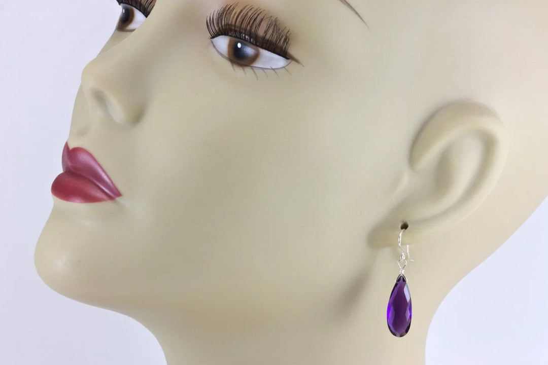Purple Simulated Amethyst Earrings Faceted Teardrop Long 14k Solid Gold or Filled or Sterling Silver Cut Deep Rich Color Simple Contemporary - Spyglass Designs