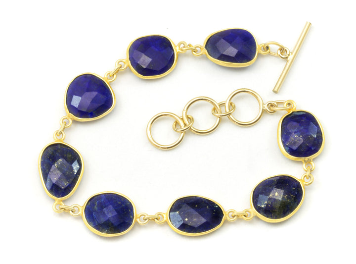 Blue Lapis Lazuli Bracelet Bezel Set Vermeil Toggle Clasp Faceted 14k Gold Filled 7 8 Inches Adjustable Earthy Natural Rich Blue Lapis Facet