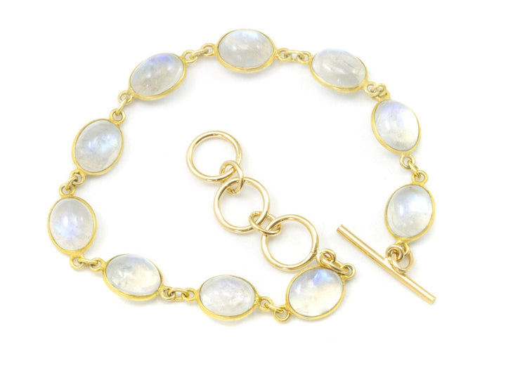 Moonstone Bracelet Bezel Set Vermeil Toggle Clasp Smooth Rainbow 14k Gold Filled 7 8 Inches Natural Rainbow Blue Flash Smooth Adjustable