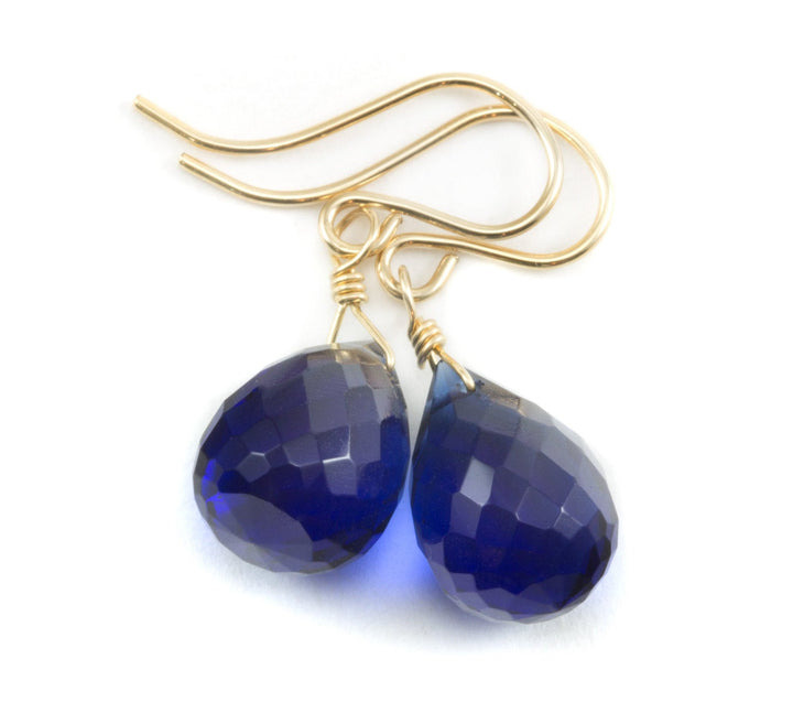 Cobalt Blue Kashmir Simulated Sapphire Earrings Faceted Briolette Drops Sterling Silver or 14k Solid Gold or Fill Rounded Drop Small Dainty