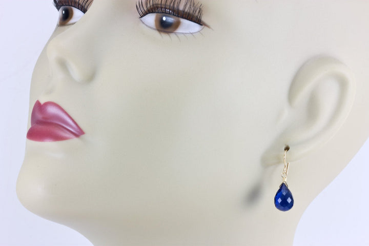Cobalt Blue Kashmir Simulated Sapphire Earrings Faceted Briolette Drops Sterling Silver or 14k Solid Gold or Fill Rounded Drop Small Dainty